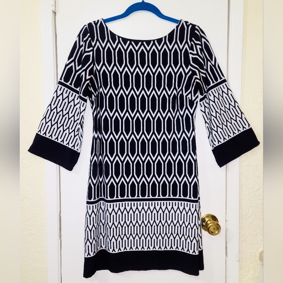 ENFOCUS Petite size8P Black & White Geometric Print Midi Dress w/ 3/4 Sleeves - Picture 7 of 7